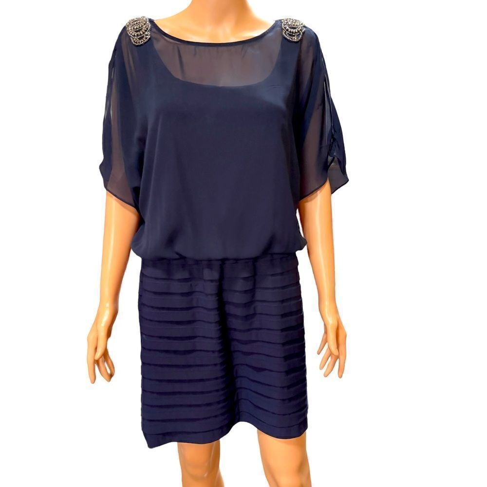 R&M Richards Navy Sheer Overlay Pleated Dress Size 8